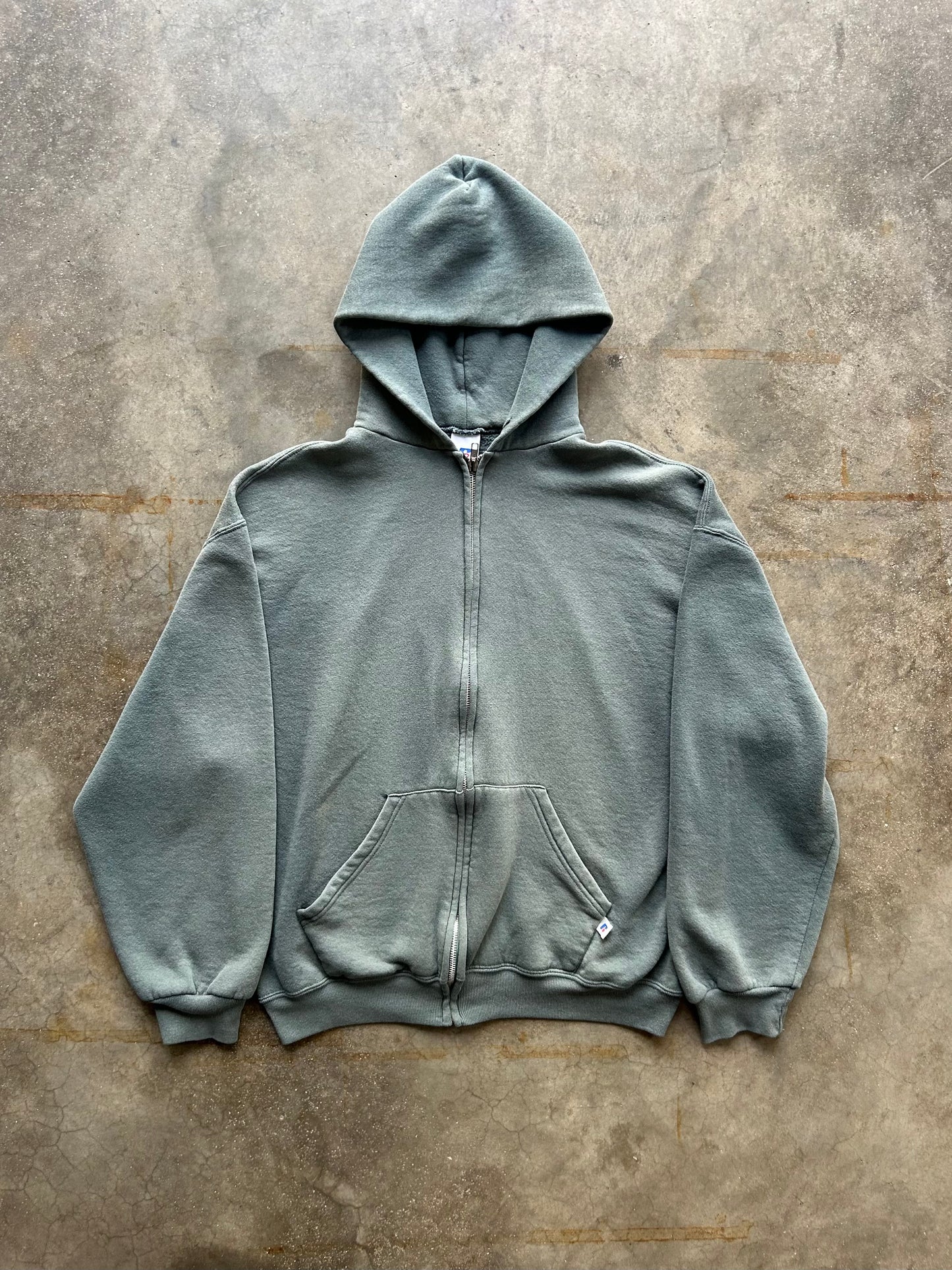 RUSSELL ATHLETICS FADED GREEN ZIP UP HOODIE - 2000s