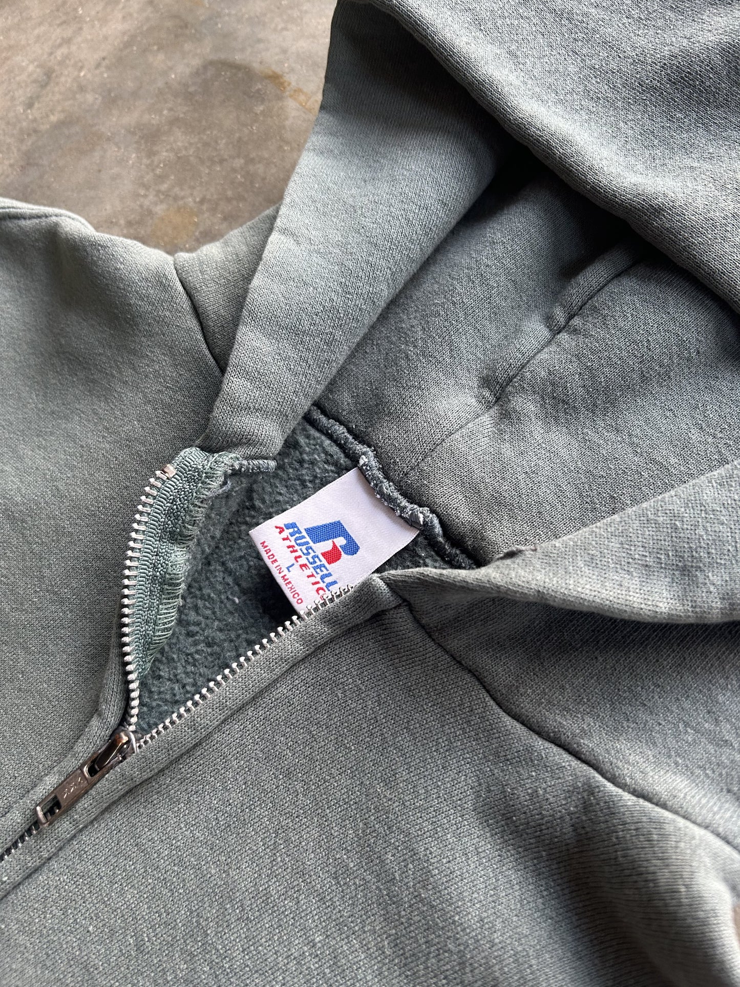 RUSSELL ATHLETICS FADED GREEN ZIP UP HOODIE - 2000s