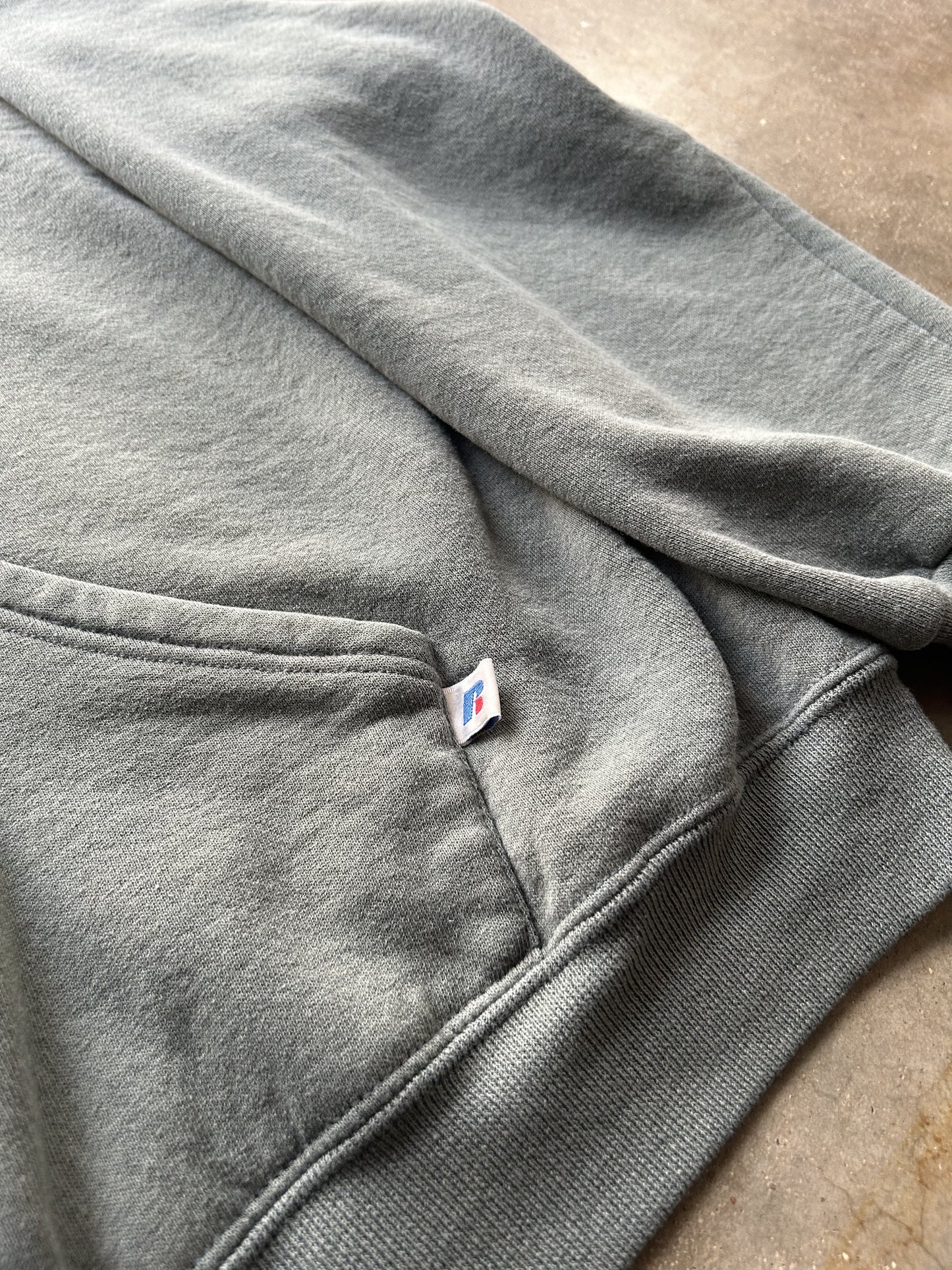 RUSSELL ATHLETICS FADED GREEN ZIP UP HOODIE - 2000s